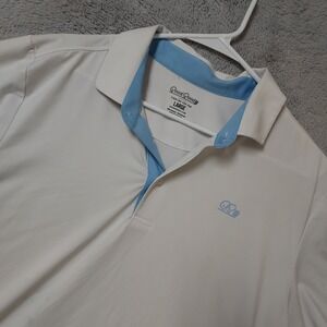 Good Good Polo Shirt Mens Large Performance Stretch White Blue Trim Golf SPOTS L